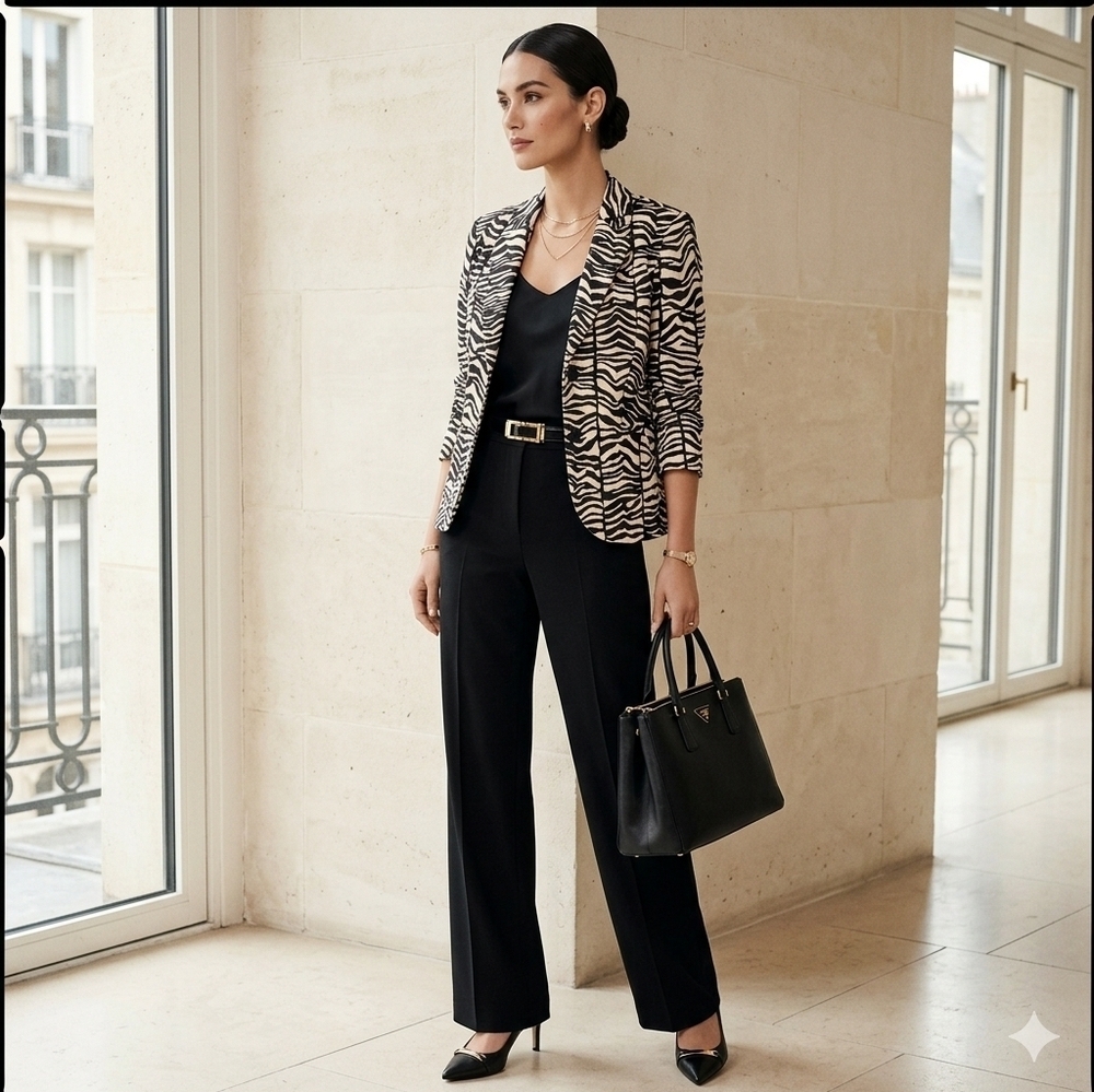 Calvin Klein Zebra Print Black & Beige Structured Blezer Size 4